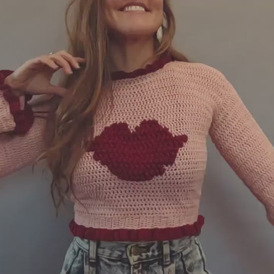 Crochet Pattern - Kiss- Crochet sweater pattern easy womens sweater popcorn stitch lips ruffle tutorial instructions PDF Download