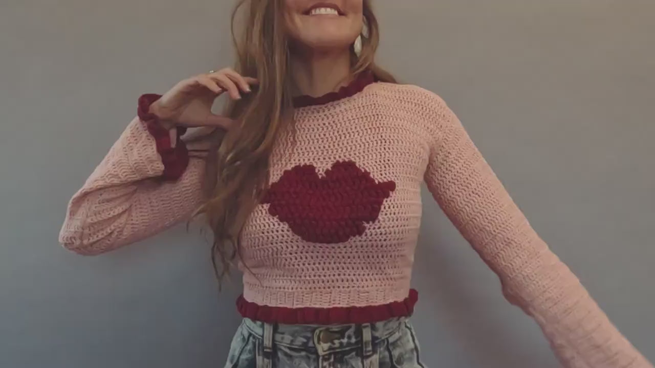 Crochet Pattern - Kiss- Crochet sweater pattern easy womens sweater popcorn stitch lips ruffle tutorial instructions PDF Download